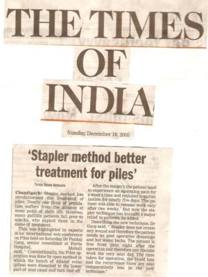 The Times of India- Dec 18,2005- Stapler method better treatment for piles